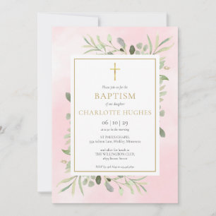 Baptism Christening Pink Watercolor Greenery Invitation