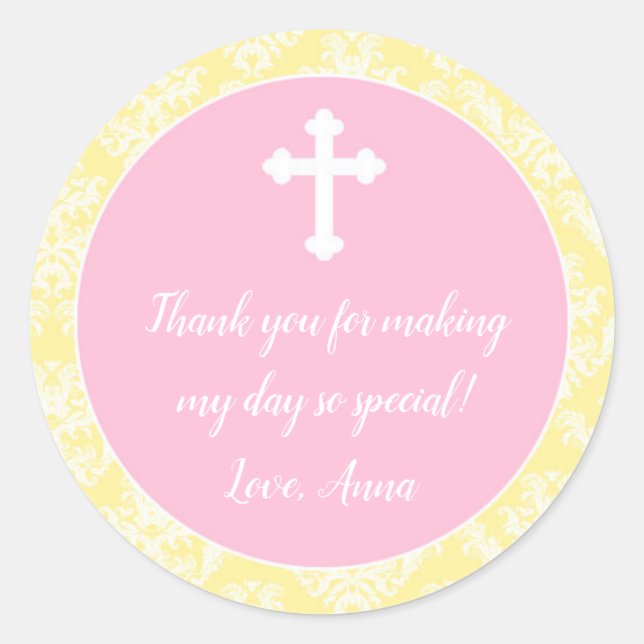 Baptism Christening Pink Yellow Gift Favour Label (Front)