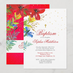 Baptism Christening Red Wild Flowers Religious Invitation