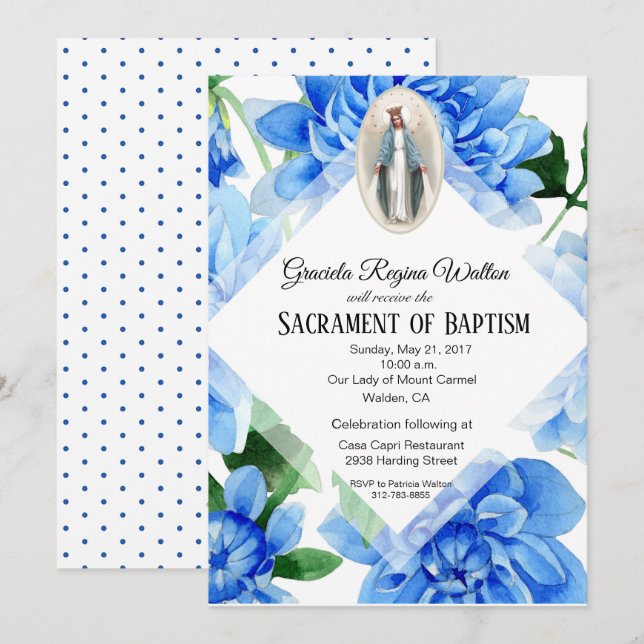 Baptism Christening Religious Blue Flowers Invitation (Front/Back)