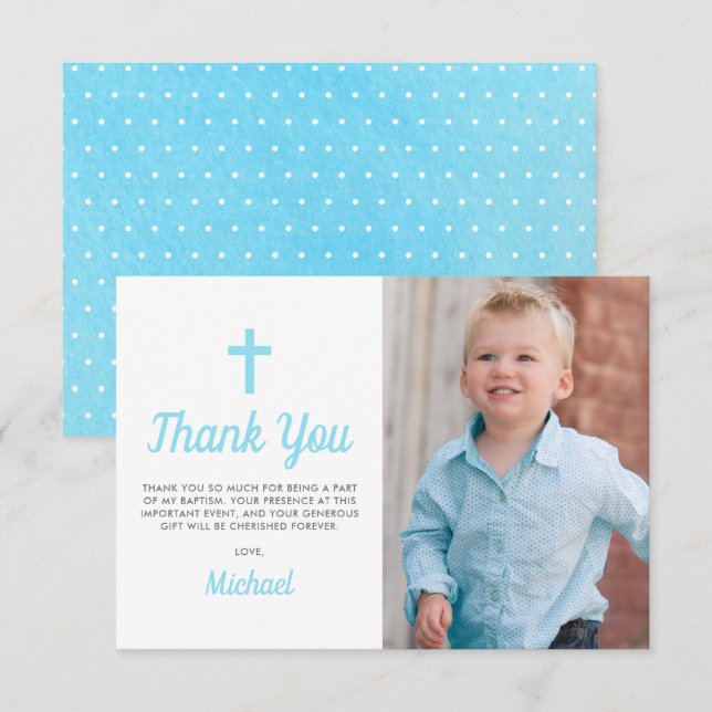 Baptism Christening Religious Boy Photo Thank You Card (Front/Back)