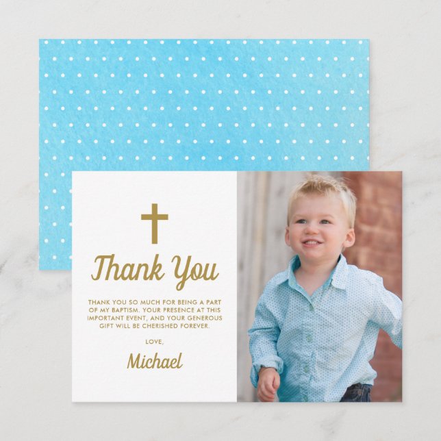 Baptism Christening Religious Boy Photo Thank You Card (Front/Back)
