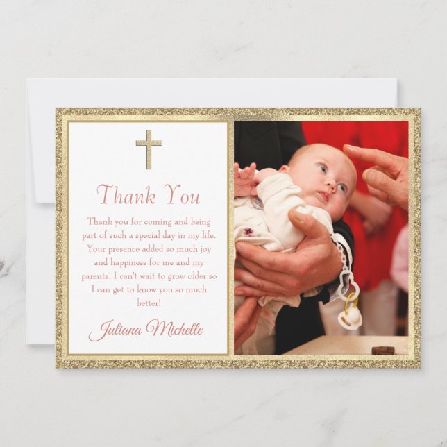 Baptism Christening Religious Gold Cross Girl Thank You Card (Front)