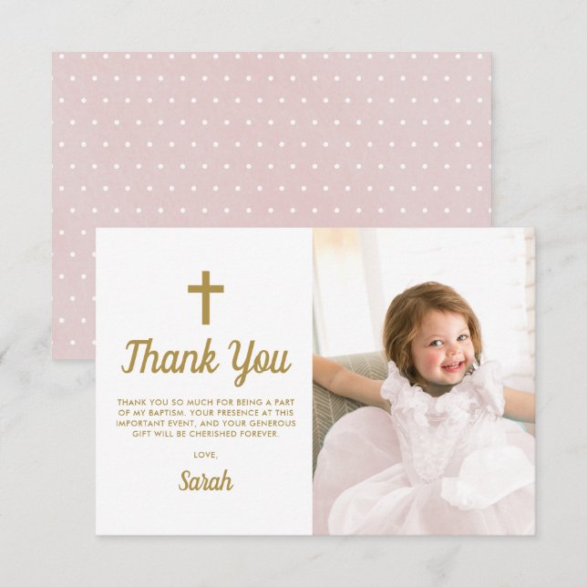 Baptism Christening Religious Pink Girl Photo Thank You Card (Front/Back)