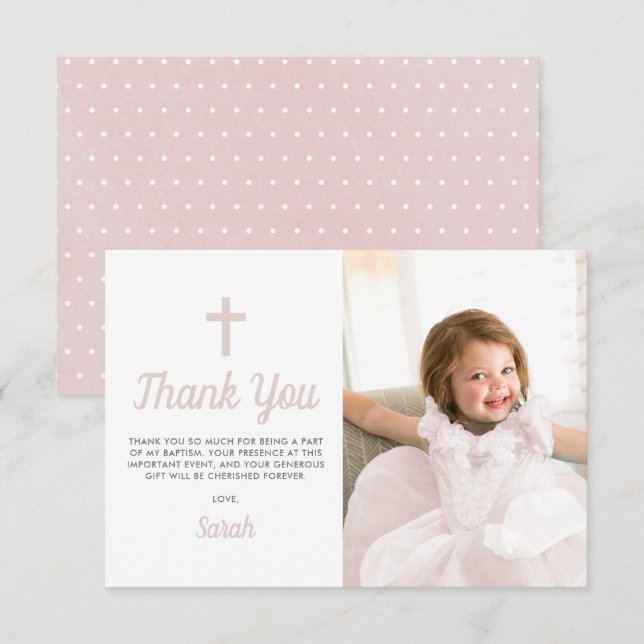 Baptism Christening Religious Pink Girl Photo Thank You Card (Front/Back)