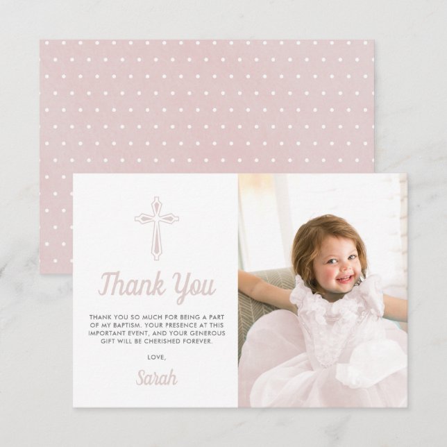 Baptism Christening Religious Pink Girl Photo Thank You Card (Front/Back)