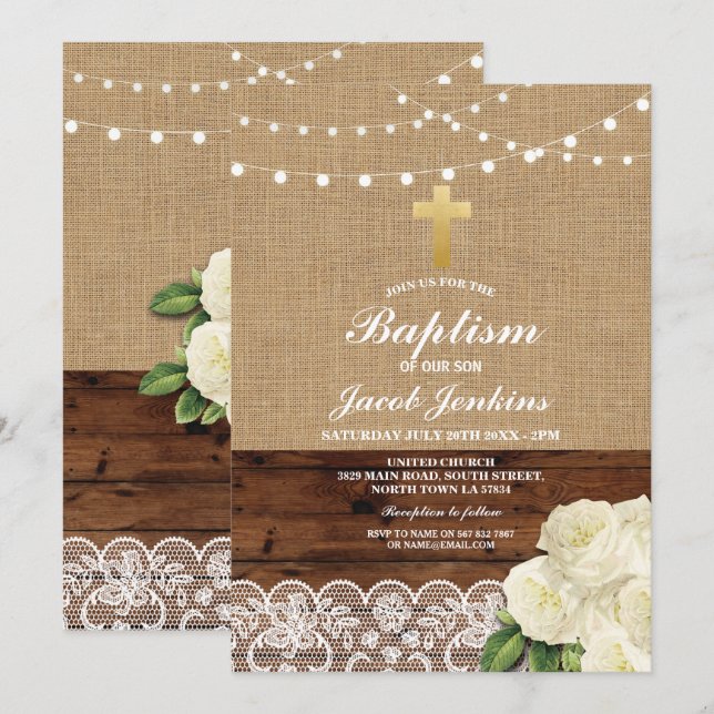 Baptism Christening Rose Burlap Wood Lace Invitation (Front/Back)