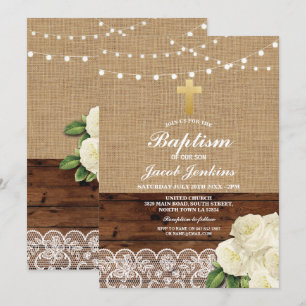 Baptism Christening Rose Burlap Wood Lace Invitation