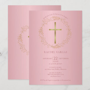 Baptism Christening Rose Gold Cross Floral Invitation