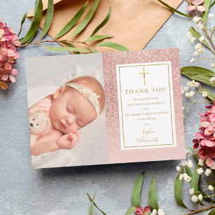 Baptism Christening Rose Gold Glitter Photo Thank You Card