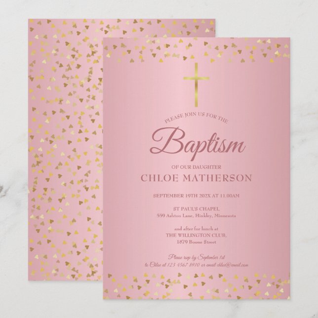 Baptism Christening Rose Gold Hearts Invitation (Front/Back)