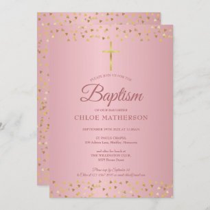 Baptism Christening Rose Gold Hearts Invitation