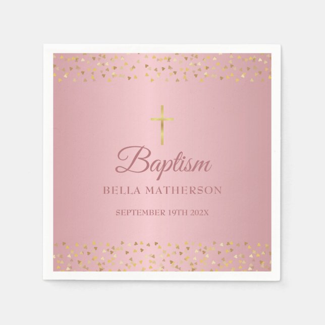 Baptism Christening Rose Gold Hearts Napkin (Front)