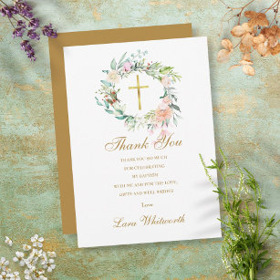 Baptism Christening Roses Floral Gold Script Thank You Card