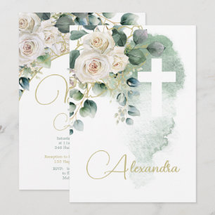 Baptism Christening Roses Green Religious Cross Invitation