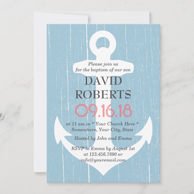 Baptism Christening Rustic Light Blue & Anchor Invitation (Front)
