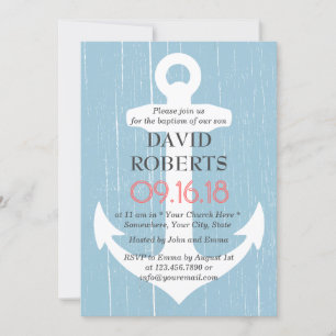 Baptism Christening Rustic Light Blue & Anchor Invitation