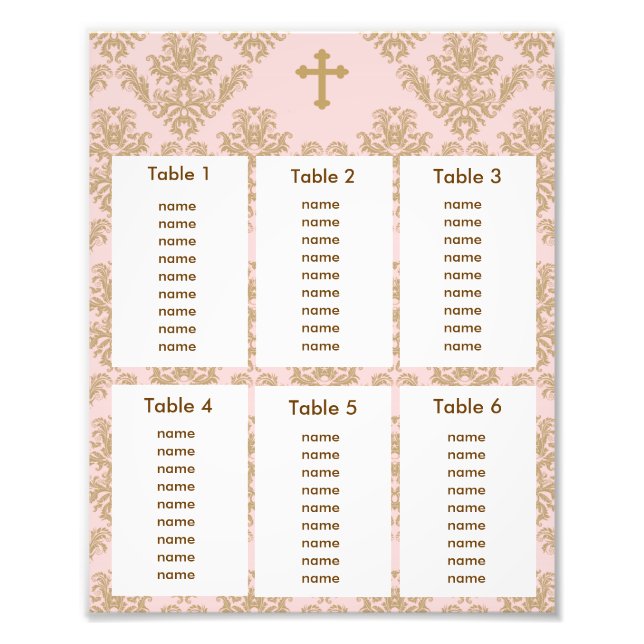 Baptism Christening Seating Chart Gold Pink Damask Photo Print (Front)