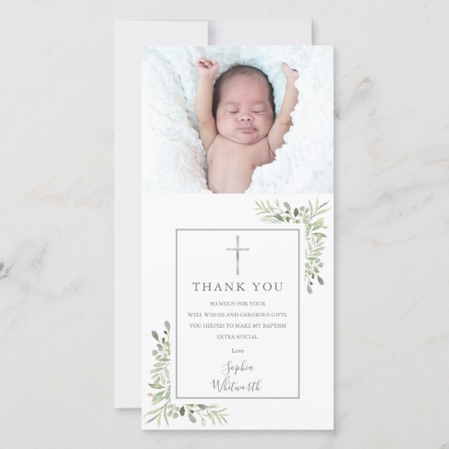 Baptism Christening Silver Greenery Photo Thank You Card (Front)