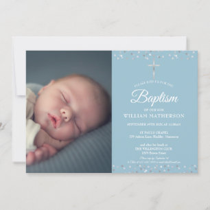 Baptism, Christening Silver Hearts Photo Invitation