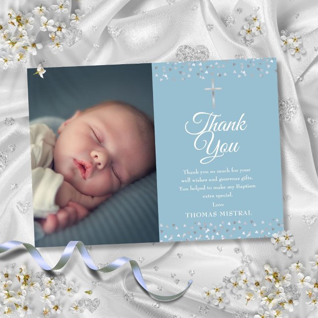 Baptism Christening Silver Hearts Photo Thank You Card (Baptism Christening Silver Hearts Photo Thank You Card)