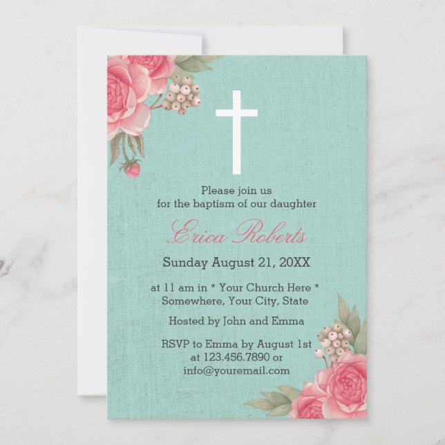 Baptism Christening Vintage Floral Elegant Linen Invitation (Front)