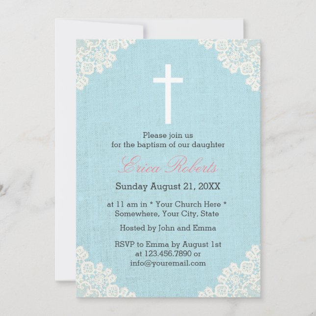 Baptism Christening Vintage Lace Elegant Linen Invitation (Front)