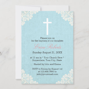 Baptism Christening Vintage Lace Elegant Linen Invitation