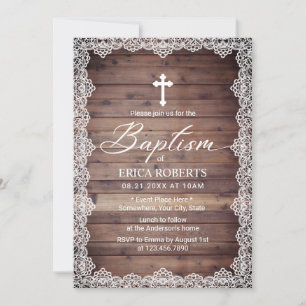 Baptism Christening Vintage Lace Rustic Wooden Invitation
