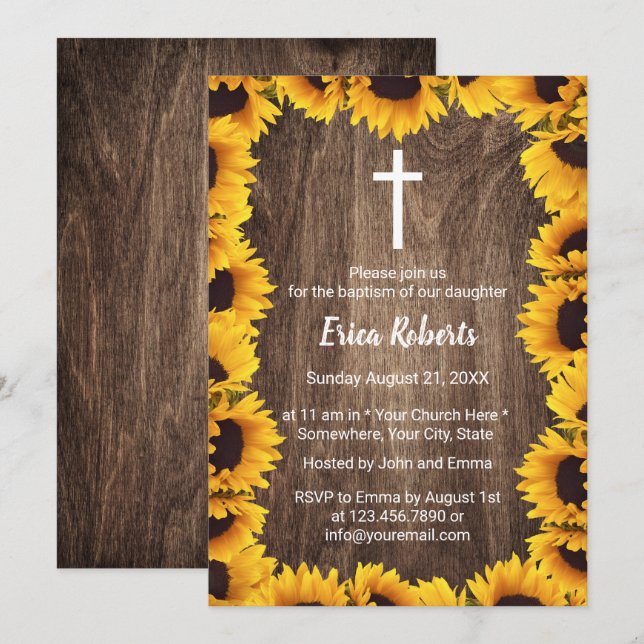 Baptism Christening Vintage Sunflowers Framed Invitation (Front/Back)