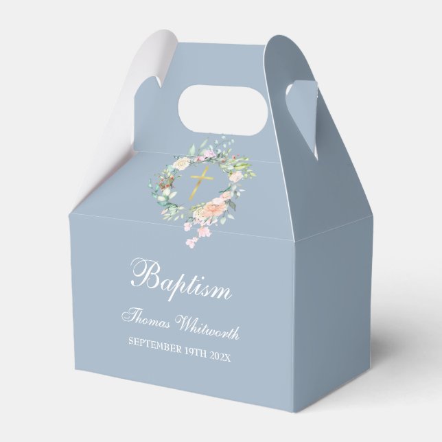 Baptism Christening Watercolor Floral Dusty Blue Favour Box (Front Side)