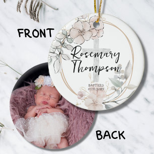 Baptism Christening Watercolor Soft Pink Flowers Ceramic Tree Decoration