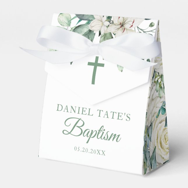 Baptism & Christening White Flowers Eucalyptus Favour Box (Front Side)