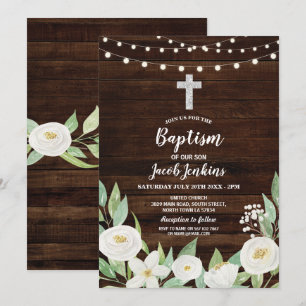 Baptism Christening White Flowers Rustic Wood Invitation