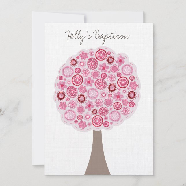 Baptism Christening White Pink Cherry Blossom Tree Invitation (Front)