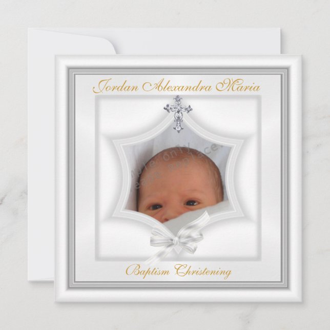 Baptism Christening White Star Photo Cross Bow Invitation (Front)
