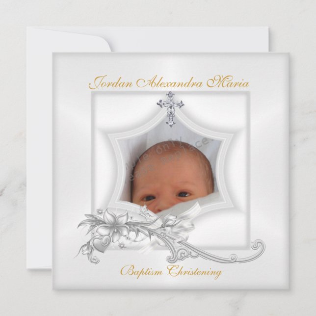Baptism Christening White Star Photo Cross Bow Invitation (Front)