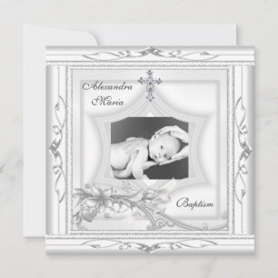Baptism Christening White Star Photo Cross Bow Invitation
