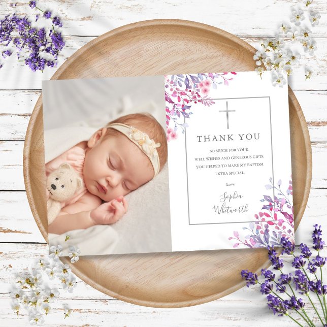 Baptism Christening Wildflowers Floral Photo Thank You Card (Baptism Christening Wildflowers Floral Photo Thank You Card)