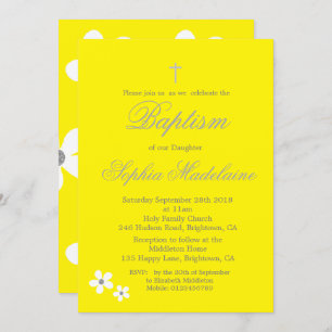 Baptism Christening Yellow Daisy Silver Girl Invitation