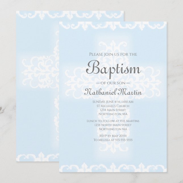 Baptism Christian Cross Blue Damask Boy Invitation (Front/Back)