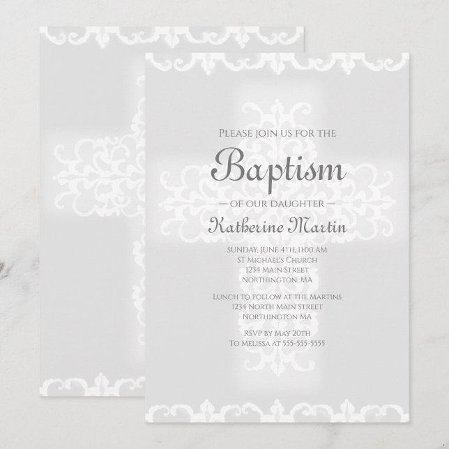 Baptism Christian Cross Grey Damask Girl Invitation (Front/Back)