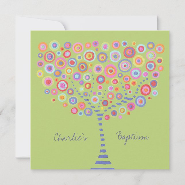 Baptism Circle Tree Retro Personalised Invitation (Front)