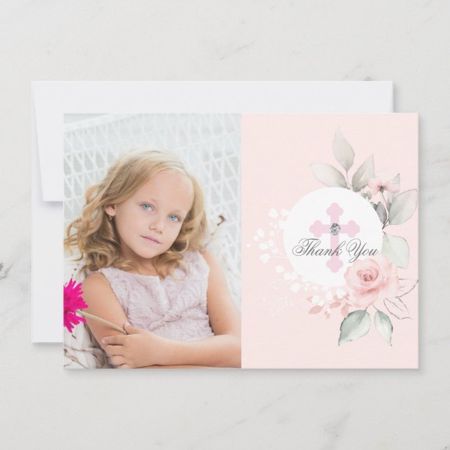 Baptism Communion Confirmation Girl Floral PHOTO T Thank You Card (Front)