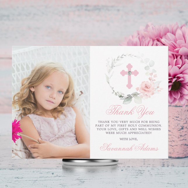 Baptism Communion Confirmation Girl Floral PHOTO T Thank You Card (Creator Uploaded)