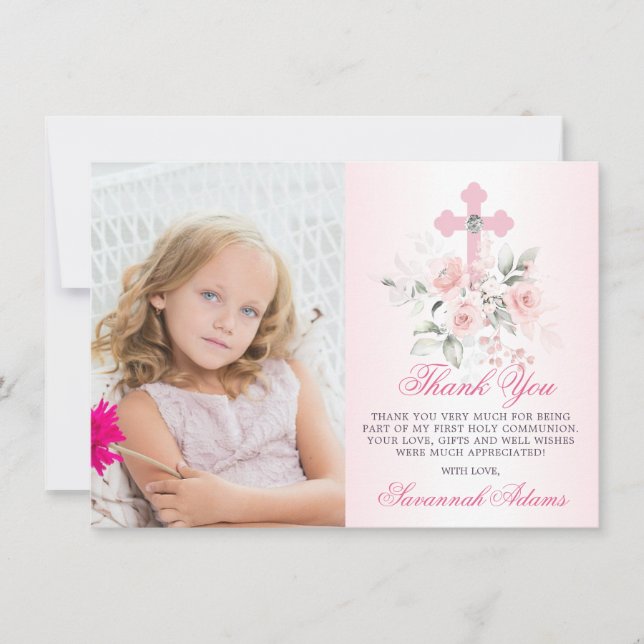 Baptism Communion Confirmation Girl Floral PHOTO Thank You Card (Front)
