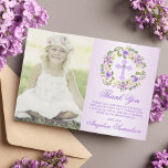 Baptism Communion Confirmation Girl Floral PHOTO Thank You Card<br><div class="desc">Delicate floral wreath Baptism, Christening, First Holy Communion or Confirmation thank you cards for girl. Pastel lavender purple violet with ombre background. Greenery, leaf floral wreath with lavender, dark purple and mauve flowers and cross with faux diamond in middle. Affordable but not cheap looking! Perfect for your daughter's ceremony. These...</div>
