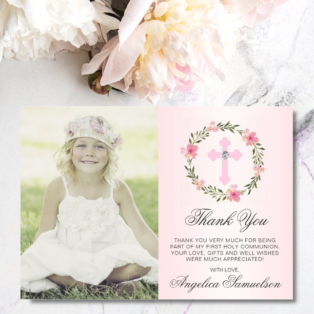 Baptism Communion Confirmation Girl Floral PHOTO Thank You Card (Creator Uploaded)