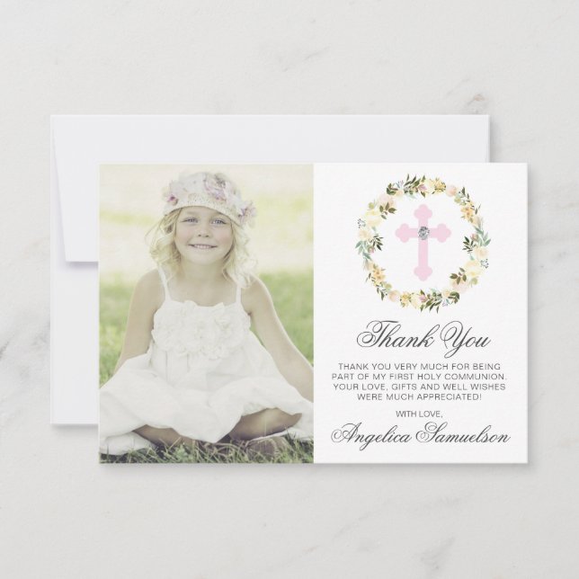 Baptism Communion Confirmation Girl Floral PHOTO Thank You Card (Front)