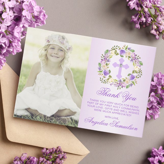 Baptism Communion Confirmation Girl Purple PHOTO Thank You Card (Creator Uploaded)